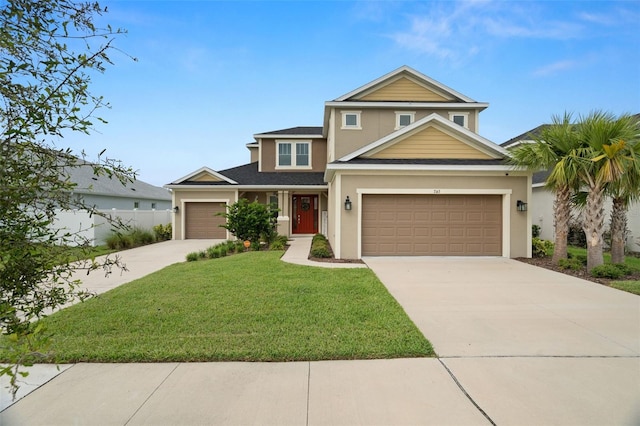 7163 Talamore Dr, Wesley Chapel, FL 33545 - traditional-style house featuring driveway, a front yard, stucco siding, and a shingled roof