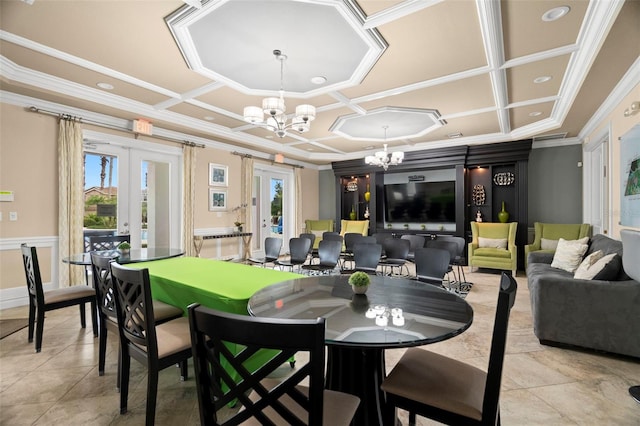 7163 Talamore Dr, Wesley Chapel, FL 33545 - dining space with a chandelier, coffered ceiling, ornamental molding, healthy amount of natural light, and recessed lighting