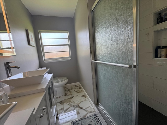 3702 Mirror Lake Dr, Apopka, FL 32703 - bathroom featuring marble finish flooring, vanity, toilet, and a shower stall