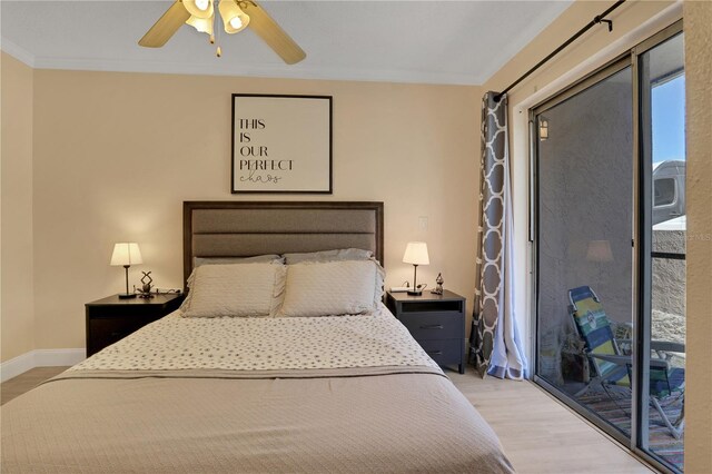 145 Oyster Bay Cir Unit 140, Altamonte Springs, FL 32701 - bedroom featuring light wood finished floors, crown molding, ceiling fan, access to outside, and baseboards