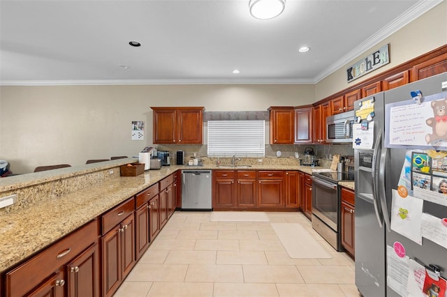 2017 W Gore St, Orlando, FL 32805 - kitchen featuring appliances with stainless steel finishes, a sink, light stone counters, crown molding, and tasteful backsplash