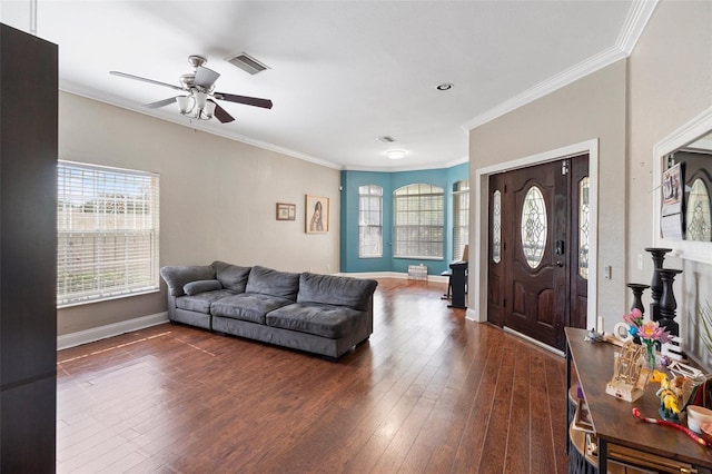 2017 W Gore St, Orlando, FL 32805 - living room featuring ornamental molding, dark wood-style flooring, ceiling fan, and baseboards