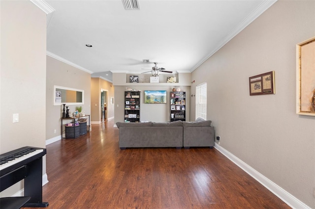 2017 W Gore St, Orlando, FL 32805 - living area with a ceiling fan, dark wood-type flooring, baseboards, and ornamental molding