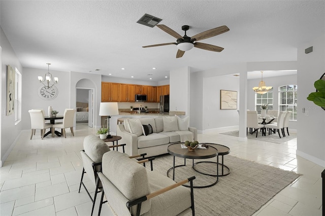 201 Hammock Dunes Pl, Orlando, FL 32828 - living area with a chandelier, baseboards, ceiling fan, recessed lighting, and light tile patterned flooring