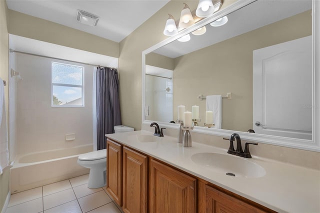 201 Hammock Dunes Pl, Orlando, FL 32828 - bathroom featuring toilet, double vanity, shower / tub combo with curtain, and tile patterned flooring