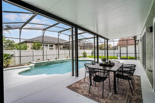 201 Hammock Dunes Pl, Orlando, FL 32828 - view of pool featuring a patio area, a fenced backyard, glass enclosure, and outdoor dining area