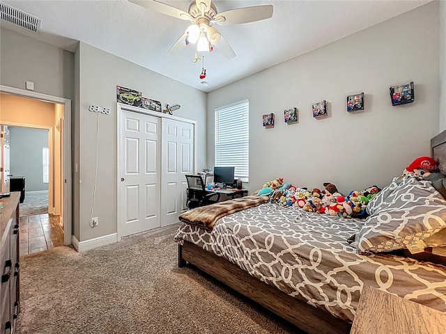1540 Orange Valley Rdg, Ocoee, FL 34761 - bedroom with carpet floors, a closet, baseboards, and a ceiling fan