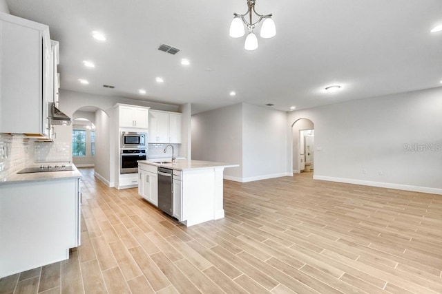 11063 Hollow Bay Dr, Winter Garden, FL 34787 - kitchen with stainless steel appliances, arched walkways, open floor plan, baseboards, and recessed lighting