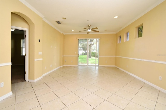 1086 Wickerwood St, Ocoee, FL 34761 - spare room featuring a ceiling fan, crown molding, recessed lighting, baseboards, and light tile patterned floors