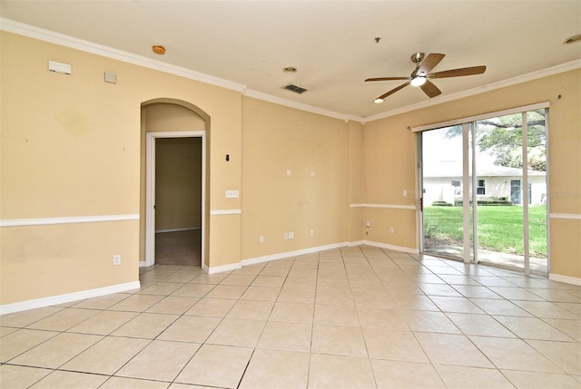 1086 Wickerwood St, Ocoee, FL 34761 - unfurnished room with ceiling fan, ornamental molding, baseboards, light tile patterned floors, and arched walkways