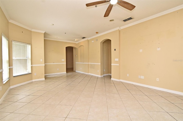 1086 Wickerwood St, Ocoee, FL 34761 - empty room with arched walkways, ceiling fan, crown molding, healthy amount of natural light, and light tile patterned floors