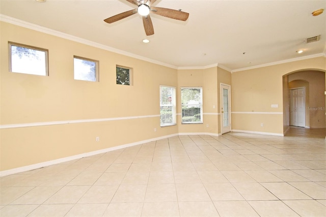 1086 Wickerwood St, Ocoee, FL 34761 - unfurnished room featuring arched walkways, plenty of natural light, ornamental molding, ceiling fan, and recessed lighting