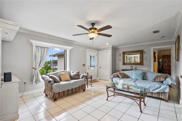 2112 Plymouth Sorrento Rd, Apopka, FL 32712 - living room with ceiling fan, baseboards, ornamental molding, and light tile patterned flooring