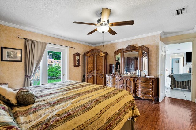 2112 Plymouth Sorrento Rd, Apopka, FL 32712 - bedroom with dark wood-style floors, a textured ceiling, ornamental molding, access to outside, and a ceiling fan