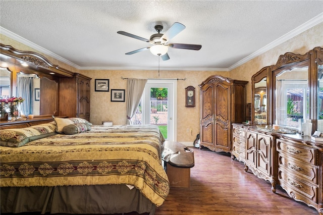2112 Plymouth Sorrento Rd, Apopka, FL 32712 - bedroom with access to exterior, a textured ceiling, dark wood-style flooring, ornamental molding, and ceiling fan