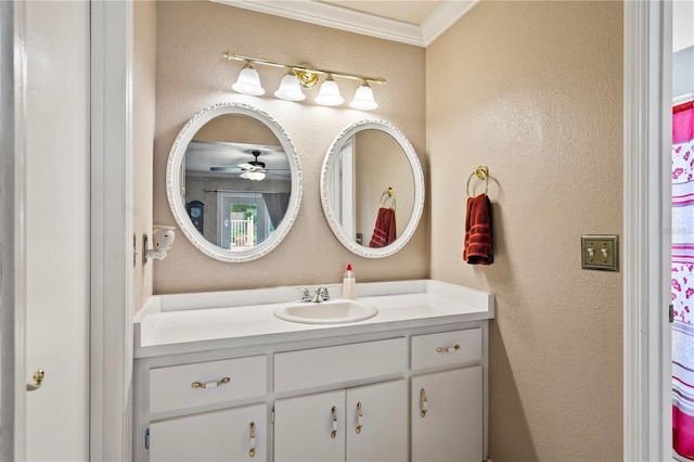 2112 Plymouth Sorrento Rd, Apopka, FL 32712 - bathroom featuring vanity, a textured wall, ornamental molding, and ceiling fan