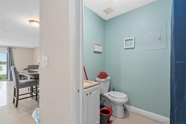 214 Majors Ln Unit B, Kissimmee, FL 34743 - bathroom featuring electric panel, toilet, vanity, a textured wall, and tile patterned floors