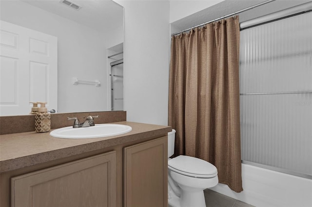 15038 Willow Ln, Tavares, FL 32778 - full bathroom featuring vanity, shower / bathtub combination with curtain, and tile patterned floors