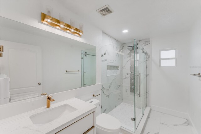 10001 Newington Dr, Orlando, FL 32836 - bathroom featuring a marble finish shower, toilet, vanity, marble look tiles, and baseboards