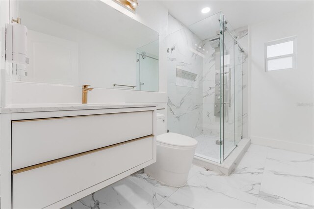 10001 Newington Dr, Orlando, FL 32836 - full bathroom featuring toilet, vanity, marble finish floors, a marble finish shower, and recessed lighting