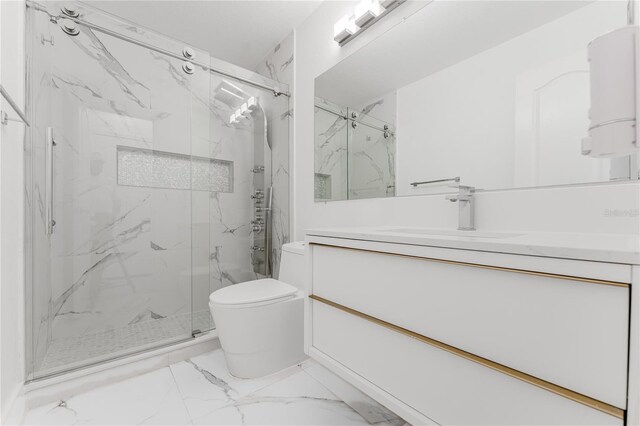 10001 Newington Dr, Orlando, FL 32836 - bathroom featuring marble finish flooring, toilet, vanity, and a marble finish shower
