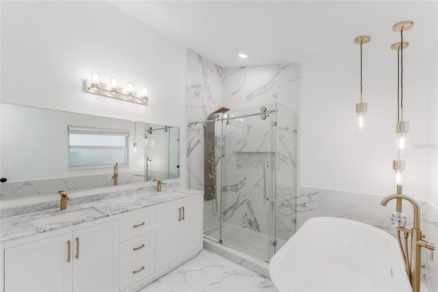 10001 Newington Dr, Orlando, FL 32836 - bathroom with marble look tile flooring, a marble finish shower, a soaking tub, double vanity, and recessed lighting