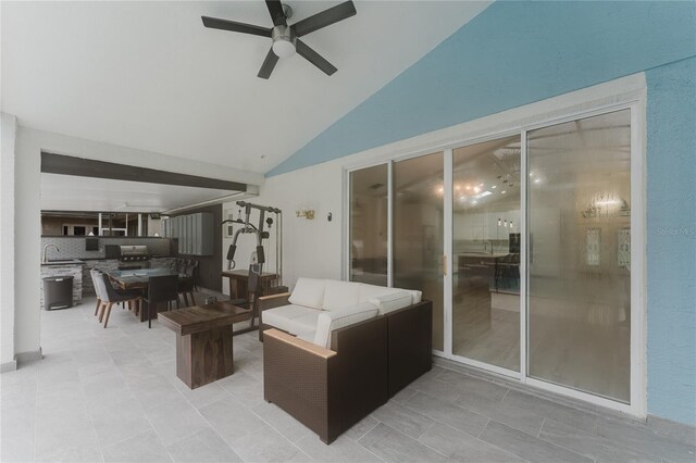 10001 Newington Dr, Orlando, FL 32836 - tiled living area with a ceiling fan, a sink, and lofted ceiling