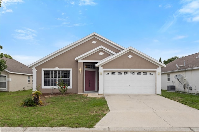 631 Lady Diana Dr, Davenport, FL 33837 - ranch-style house featuring stucco siding, central air condition unit, driveway, a front yard, and an attached garage