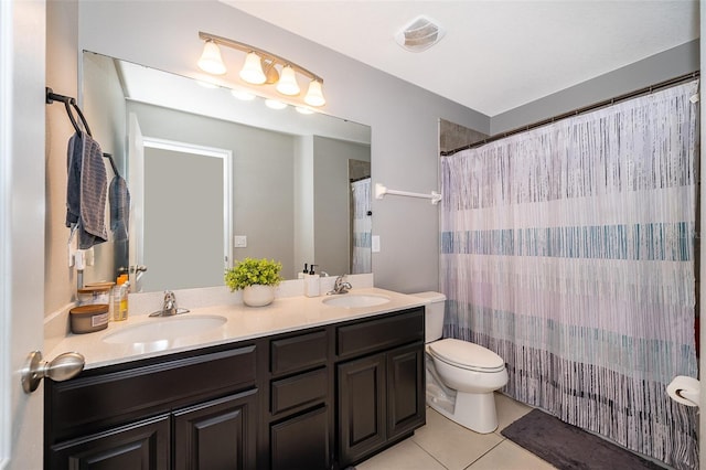 3943 Crawley Down Loop, Sanford, FL 32773 - full bathroom featuring toilet, tile patterned floors, double vanity, and a shower with curtain