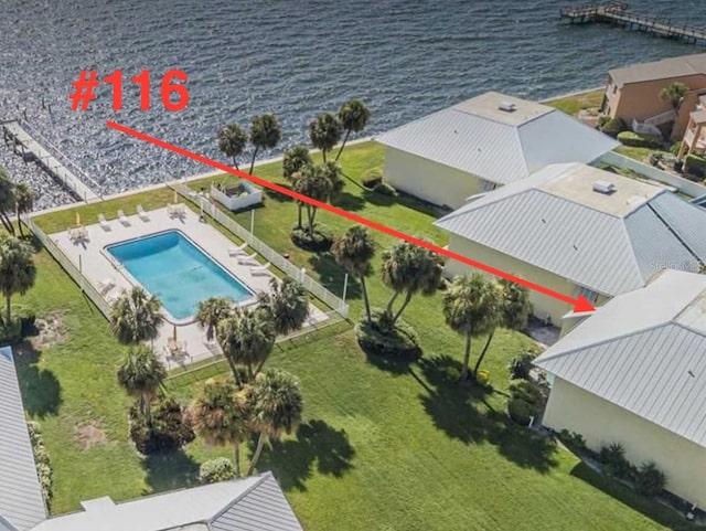 7310 Sunshine Skyway Ln S Unit 116, Saint Petersburg, FL 33711 - drone / aerial view of a pool and a nearby body of water