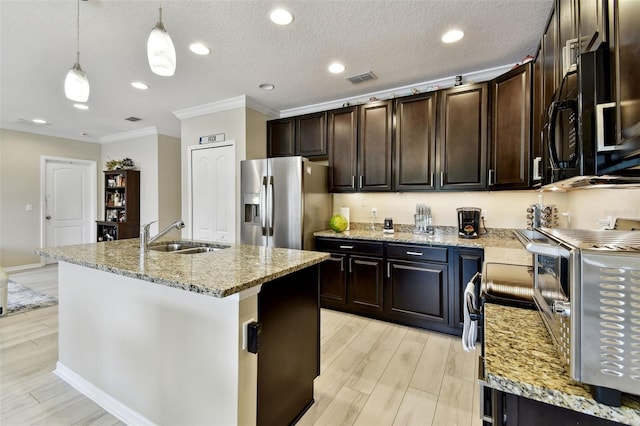2409 Martins Run, Tavares, FL 32778 - kitchen featuring stainless steel refrigerator with ice dispenser, crown molding, light wood-type flooring, decorative light fixtures, and black microwave