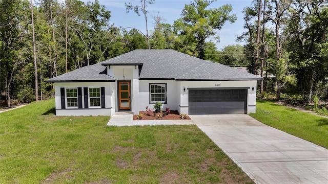 9419 N Jackson Way, Citrus Springs, FL 34434 - view of front of home featuring a shingled roof, stucco siding, an attached garage, driveway, and a front lawn
