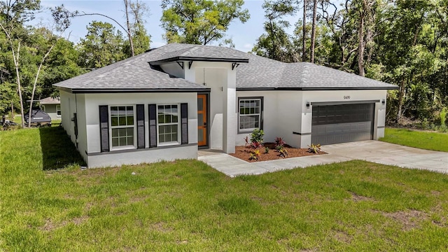 9419 N Jackson Way, Citrus Springs, FL 34434 - view of front of home with a shingled roof, concrete driveway, a garage, stucco siding, and a front lawn