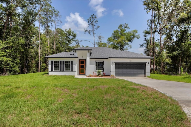 9419 N Jackson Way, Citrus Springs, FL 34434 - view of front of house featuring stucco siding, concrete driveway, an attached garage, a front yard, and roof with shingles