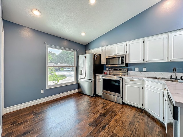 4942 Eden View Ct, Orlando, FL 32810 - kitchen with stainless steel appliances, a textured ceiling, white cabinets, lofted ceiling, and dark wood-style floors