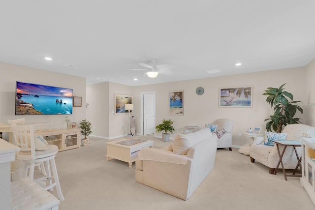 7639 Agrigento St, Clermont, FL 34714 - living room featuring light carpet, recessed lighting, and a ceiling fan