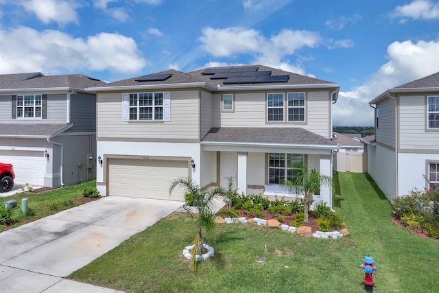 7639 Agrigento St, Clermont, FL 34714 - traditional-style home with a shingled roof, concrete driveway, a garage, and solar panels