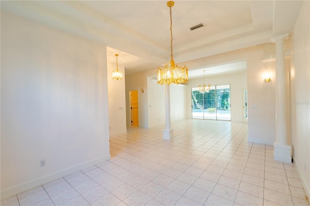 1586 Antoinette Ct, Oviedo, FL 32765 - spare room featuring a chandelier, light tile patterned floors, and decorative columns