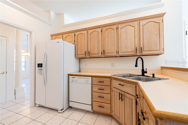 1586 Antoinette Ct, Oviedo, FL 32765 - kitchen featuring white appliances, light brown cabinetry, light countertops, and light tile patterned flooring