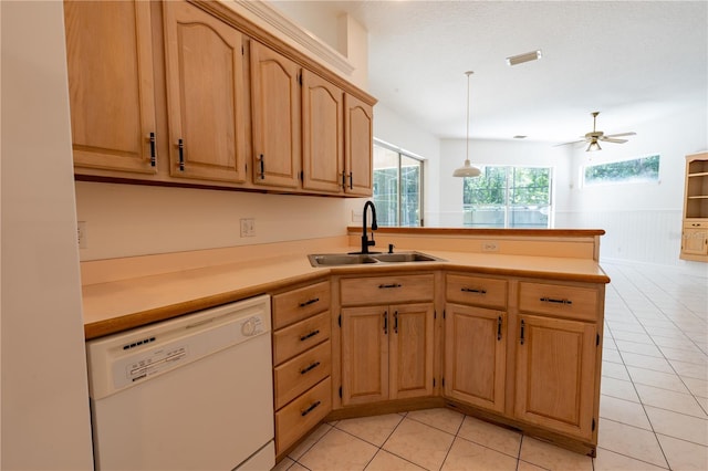 1586 Antoinette Ct, Oviedo, FL 32765 - kitchen featuring white dishwasher, a peninsula, light tile patterned floors, a ceiling fan, and hanging light fixtures