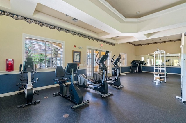 1400 Lake Shadow Cir Unit 10104, Maitland, FL 32751 - exercise room with plenty of natural light, crown molding, and a tray ceiling