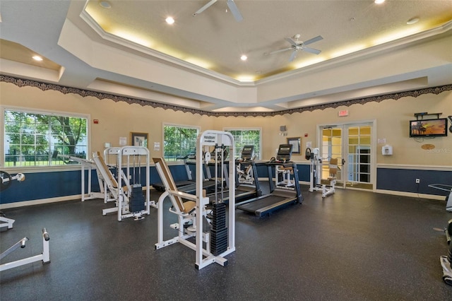 1400 Lake Shadow Cir Unit 10104, Maitland, FL 32751 - workout area featuring a tray ceiling, a ceiling fan, french doors, and recessed lighting