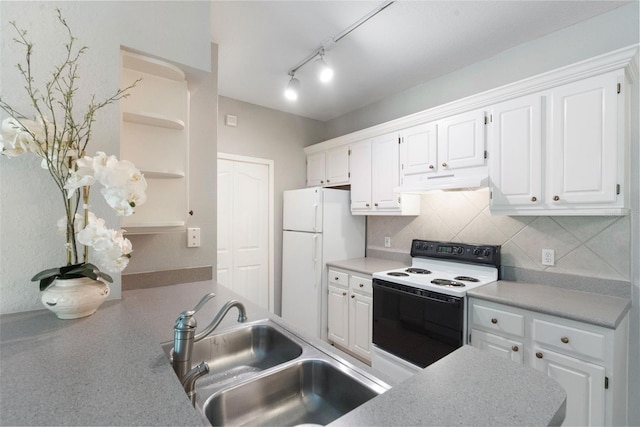 1400 Lake Shadow Cir Unit 10104, Maitland, FL 32751 - kitchen featuring white appliances, open shelves, under cabinet range hood, white cabinetry, and tasteful backsplash