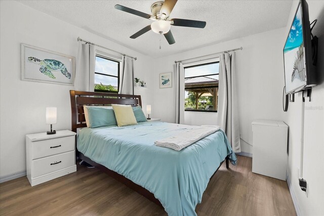 930 Chickadee Dr, Port Orange, FL 32127 - bedroom with wood finished floors, multiple windows, a textured ceiling, baseboards, and a ceiling fan