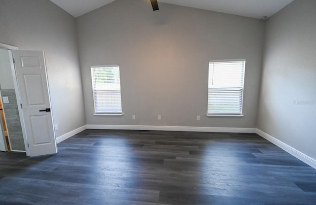 5118 Log Wagon Rd, Ocoee, FL 34761 - unfurnished room featuring baseboards, dark wood-type flooring, high vaulted ceiling, and beamed ceiling