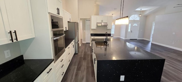 5118 Log Wagon Rd, Ocoee, FL 34761 - kitchen featuring stainless steel appliances, a sink, an island with sink, dark wood-type flooring, and under cabinet range hood