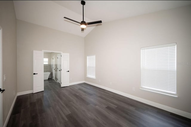 5118 Log Wagon Rd, Ocoee, FL 34761 - unfurnished bedroom with high vaulted ceiling, baseboards, dark wood-style flooring, and a ceiling fan