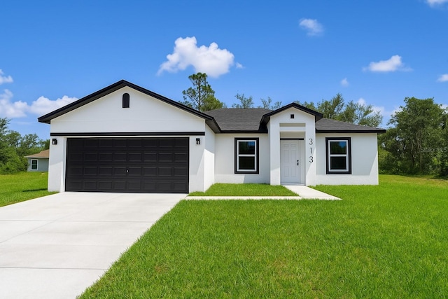 313 Bass Ct, Kissimmee, FL 34759 - single story home featuring a garage, a front yard, driveway, and stucco siding