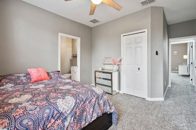 17516 Blessing Dr, Clermont, FL 34714 - bedroom with carpet floors, baseboards, a ceiling fan, a closet, and connected bathroom