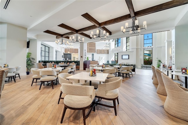 2578 Cliff Way, Saint Cloud, FL 34771 - dining space featuring a chandelier, coffered ceiling, beam ceiling, light wood-type flooring, and a high ceiling